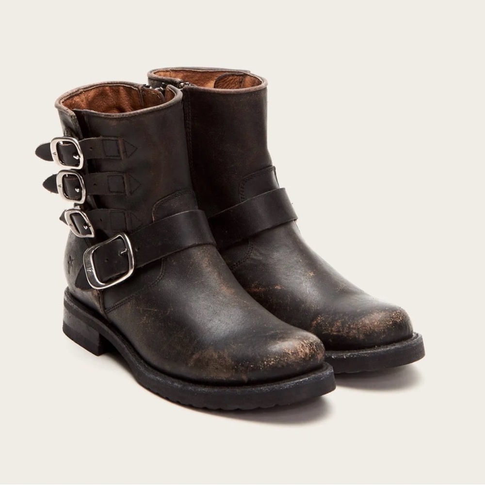 Frye Veronica Belted Short Boots Distressed Leather Brown Black Women’s 6.5